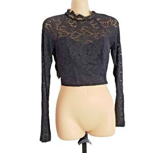 bebe Black Lace Long Sleeve Cropped Mock Neck Top NWT Size Small